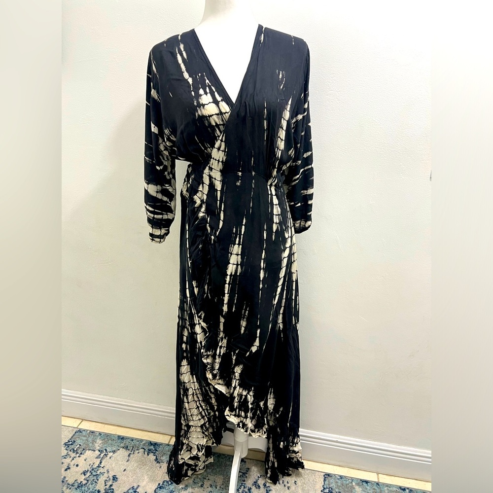Alma Euroasia Wrap Tie Die Dress with Ruffle High Low skirt NWT One size